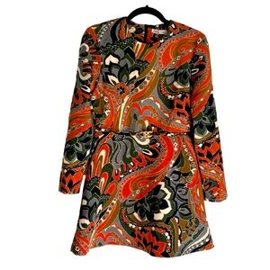 Zara retro mod 60s bohemian patterned dress with golden hardware, women's medium